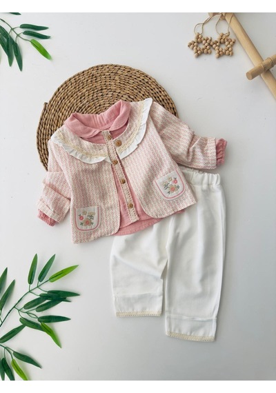 Miniğimin Cicileri Çiçek İşleme Detaylı 3 Lü Kız Bebe Takım -... Pembe