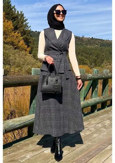 Rabia Şamlı Azize Etek Yelek Takım Antrasit Normal