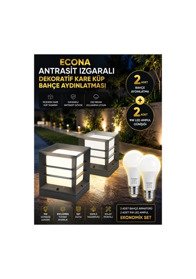 2 Adet Antrasit Dekoratif Kare Küp Set Üstü Izgaralı Abs Bahçe Aydınlatma Armatürü Set Üstü Dekoratif Aplik,baba Üstü,9w Led Ampul Dahil 3000k