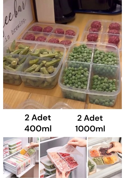 Bayev 2 Boy Porsiyon Bölmeli Saklama Kabı Seti 4'lü 2 x (400 ML + 1000 ML) Şeffaf