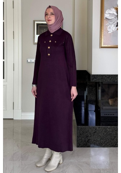 Rabia Şamlı Beste Triko Elbise Mürdüm Normal
