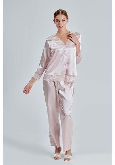 Alissa Kadın Pudra Saten Çeyiz Seti 6 Parça Dantelli Sabahlık Gecelik Pijama Şortlu Takım Pudra