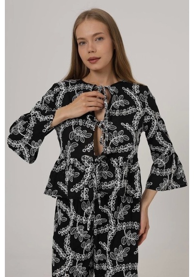 Defymoda Fiyonk Bağlamalı Brode Bluz - Siyah Siyah