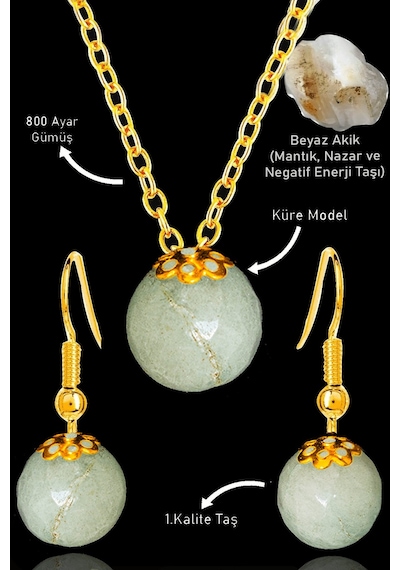 Sertifikalı Gold Küre Model Beyaz Akik Taşı Kolye Ve Küpe Seti - Çok Renkli