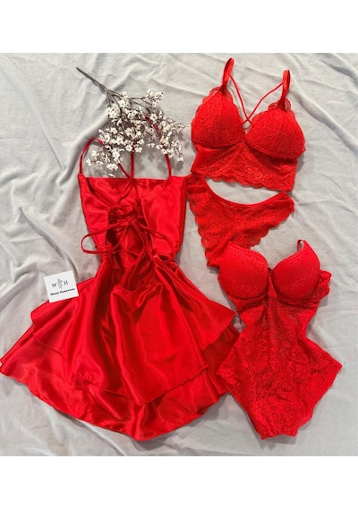Mh Moony Homewears Salekos Kırmızı 4'lü Saten Gecelik İç Giyim Seti Plus Kırmızı