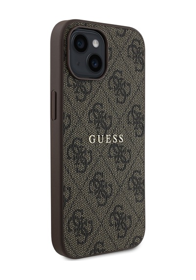 Apple Uyumlu iPhone 15 Kılıf Guess Lisanslı Magsafe Şarj Özellikli 4g Desen Yazı Logolu Kapak Kahverengi