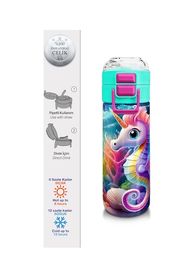 Coral High Kids Denizatı Desenli Pipetli Ve Direkt İçim Çelik Termos 500 Ml 31988 Mor - Lila