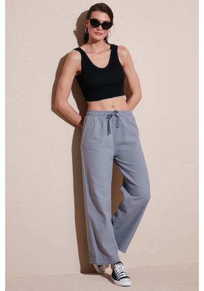 Lela Pamuklu Relaxed Fit Yüksek Bel Geniş Paça Bayan Pantolon 668Yp5275 Gri