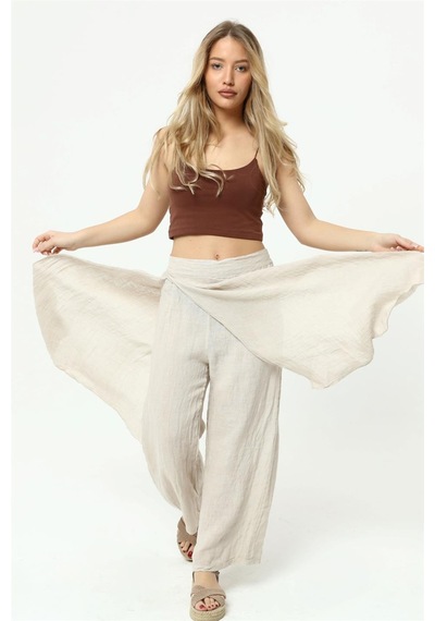 Bohem Stil İtalyan Ham Keten Pantolon Etek-8747 Bej
