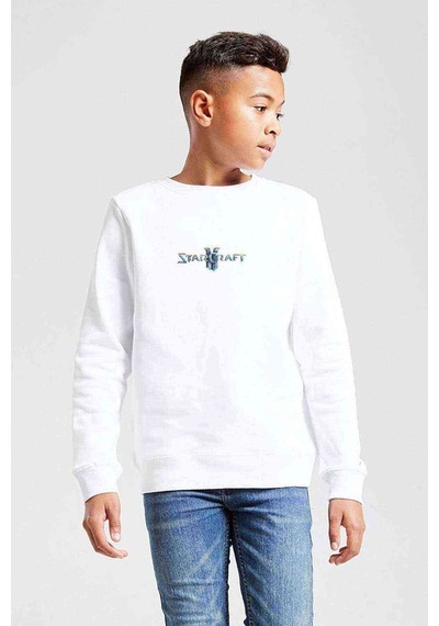 Tshirthane Starcraft Logo Baskılı Unisex Çocuk Beyaz Sweatshirt Beyaz