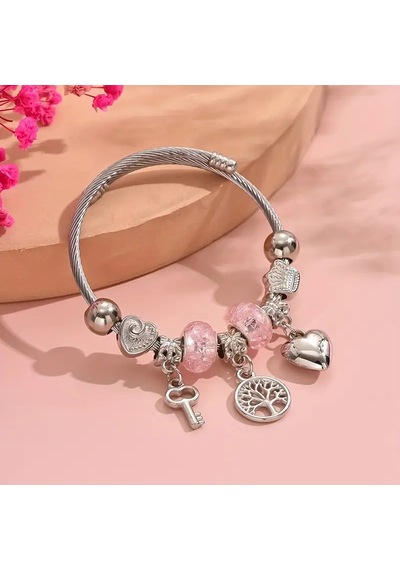 Pembe Aşk Hayat Ağacı Charmlı Bileklik Gümüş