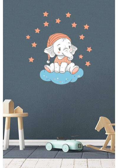 Bulutta Oturan Sevimli Fil ve Yıldızlar Çocuk Odası Duvar Sticker