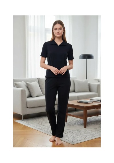 İkikareshop Özel Tasarım Kadın Lacivert Polo Yaka Pijama Takımı %100 Pamuk Çok Renkli