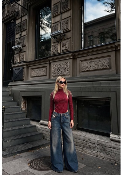 Kadın W6-35 Snap Body Suit Parlak Taşlı Tasarım Body Bordo