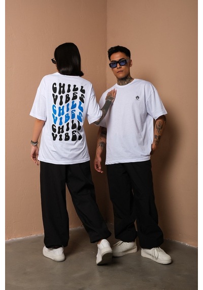 Technomonkey Unisex Beyaz Oversize Chill Vibes Baskılı Techno Tişört