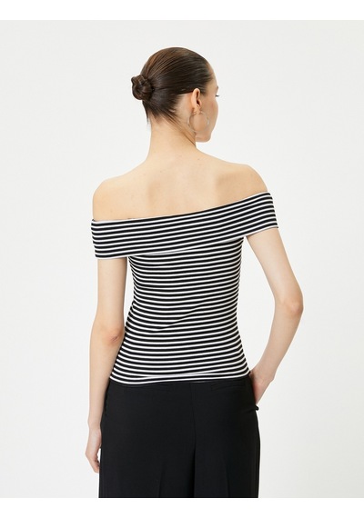 Koton Madonna Yaka Tişört Açık Omuz Slim Fit Siyah Çizgili 4sal30206ık Siyah