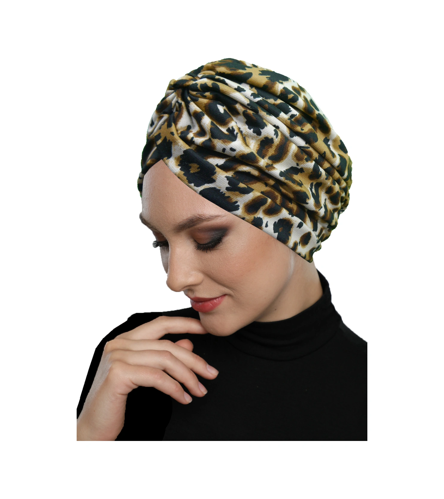 Elysianfidan Savanna Chic Desenli Çapraz Ve Bant Detaylı Astarlı Hazır Türban Tesettür Havuz Bonesi Açık Leopar