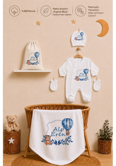 Pia Baby Erkek Bebek Hastane Çıkışı 6 Parça %100 Pamuk İsme Özel Kese Hediyeli Tulum Şapka Eldiven Seti 1009tybkyx Krem
