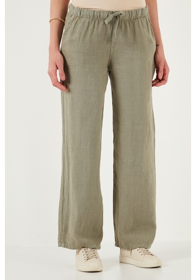 Lela Relaxed Fit Normal Bel Geniş Paça Çift Cepli Keten Bayan Pantolon 668Yp4991 Haki