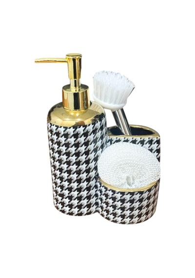 39970 Porselen Mutfak Set Sıvı Sabunluk, 400ml Fırçalı Yaldızlı,.kaz Ayağı Siyah - Beyaz