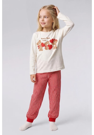 Defacto Ayıcık Baskılı Üst Pötikare Alt 2li Pijama Takımı Kız Bebek I1009a526wner105 Ekru-er105