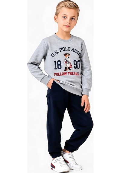 U.S. Polo Assn. Karakter Baskılı Sweatshirt & Eşofman Altı Erkek Çocuk İkili Takım Gri Melanj