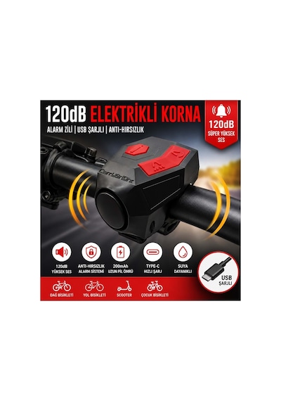 120 Db Usb Şarjlı Elektrikli Bisiklet Kornası Ve Anti Hırsızlık Alarm Zili Scooter Uyumlu Siyah