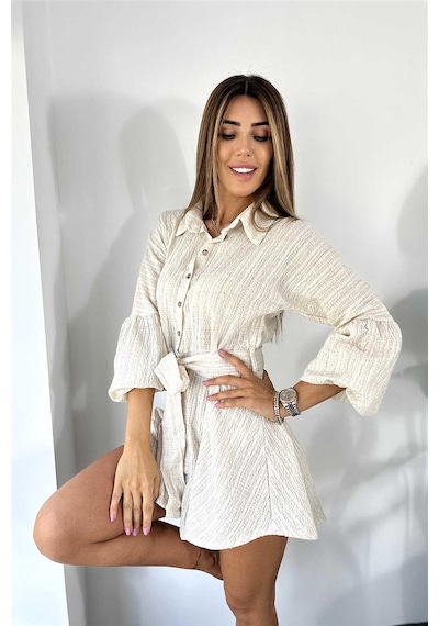 Fashion Cocktail Uzun Kol Casual Kabartma Kumaş Yakalı Düğmeli Boyfriend Gömlek Stil Şortlu Tulum Krem Fashion Cocktail Uzun Kol Casual Kabartma Kumaş Yakalı Düğmeli Boyfriend Gömlek Stil Şortlu Tulum Krem