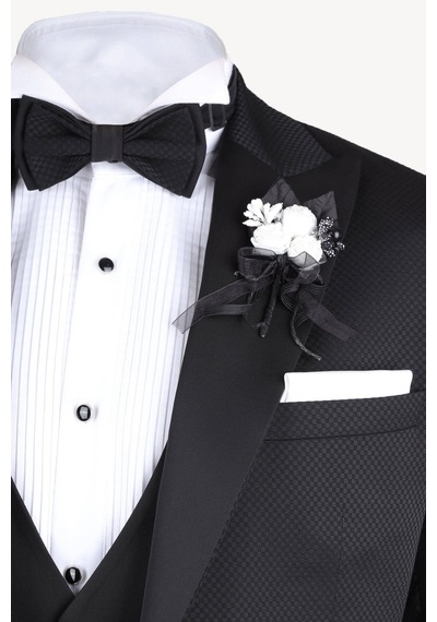 Ysf Erkek Siyah Kırlangıç Yaka Yelekli Slim Fit Desenli Damatlık