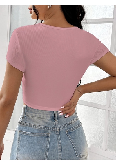 Rooted-kadın Kare & Havuz Yaka Crop T-shirt ,likralı Fitilli Kaşkorse Kumaş Pembe