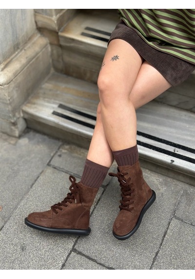 Kahve Süet Otis İçi Kürklü Barefoot Bağcıklı Kadın Bot-6531 Kahverengi