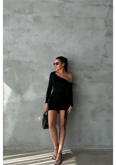 Dip Moda Kadın Siyah Tek Kol Büzgülü Mini Elbise Dpnbdf081 Siyah