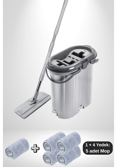 Trio Tablet Mop Seti 14 Lt Gri, 3 Hazneli Yıkama Durulama Kurulama Temizlik Seti + 4 Mikrofiber Mop