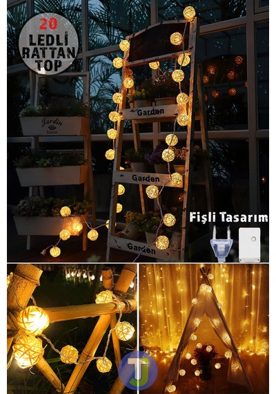 Technojet Dekoratif Rattan Model Fişli Şerit Top Led Yılbaşı Parti Doğum Günü Süsleme 20'li Sarı