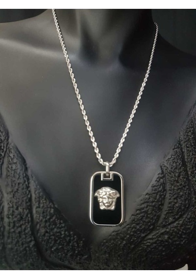 Vog Unisex Kare Oniks Taşlı Vip Çelik Medusa Figür Vrsc Tasarım Sevgiliye,arkadaşa Kolye Beyaz