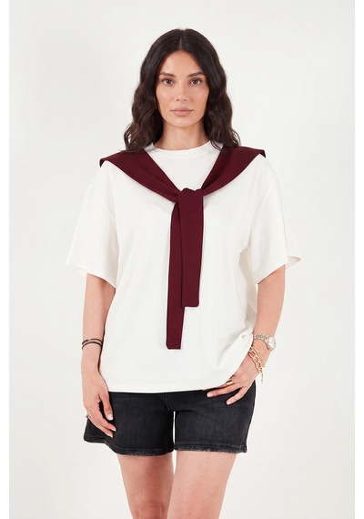 Lela Rahat Kalıp Bisiklet Yaka Omuz Şal Detaylı T Shirt Bayan T Shirt 5867044 Ekru-bordo