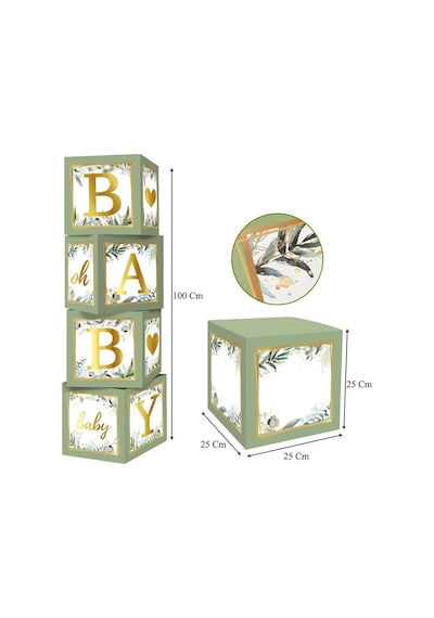 Küf Yeşili Temalı Baby Shower Set Adaçayı Baby Kutu, Ayıcık Folyo Ve Lateks Balon Set Yeşil