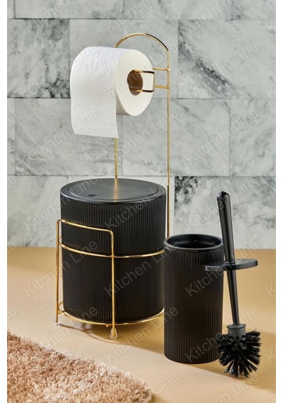 Lüx Gold Banyo Tuvalet Kağıtlığı Çöp Kovası Tuvalet Fırçası 3lü Set 6 Litre Paslanmaz Tel Plastik Siyah