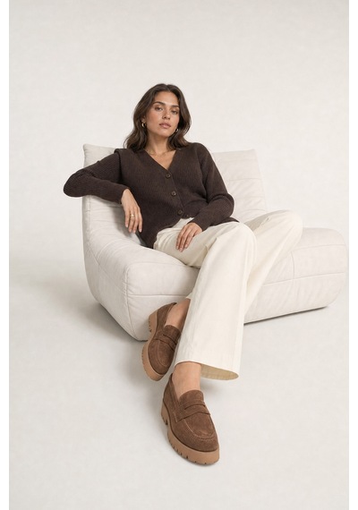 Luvi Shoes Vıonel Toprak Süet Hakiki Deri Kadın Loafer Ayakkabı