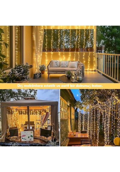 Light Home 300 Led Işık Perdesi 3x3 Metre Sıcak Beyaz Usb Bağlantılı 8 Farklı Işık Modlu Dekoratif Perde Led I Diğer