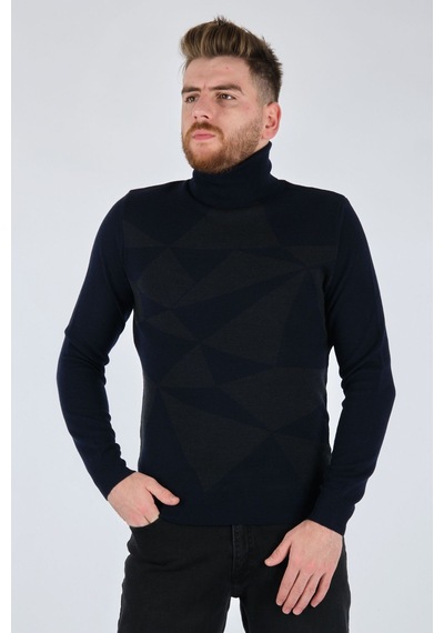 Ecer Erkek Triko Kazak - Geometrik Desen - Uzun Kol - Minimalist Lacivert