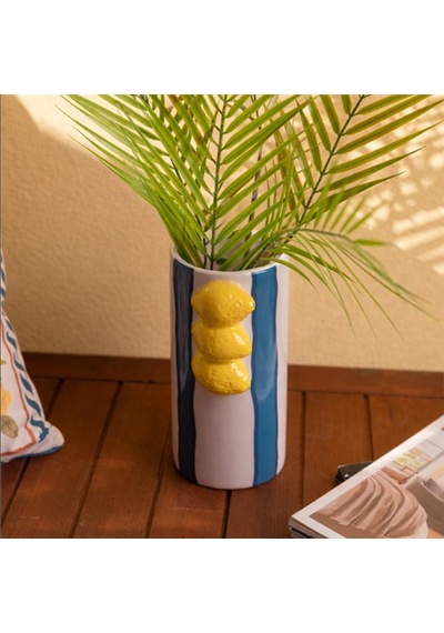 Deco Çizgili Limon Vazo - Mavi / Krem- 23x11 Cm Çok Renkli