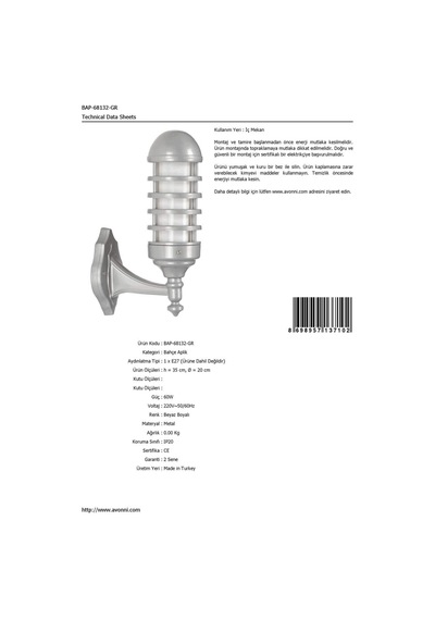 Avonnı Bap-68132-gr Beyaz Elektrostatik Toz Boyalı Dış Mekan Aydınlatma, E27, Aluminyum, Polikarbon Cam, 20cm Sku: Smgstkeae43df027