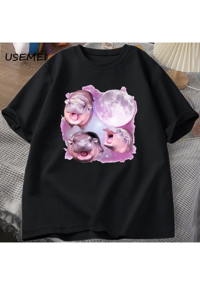 Flood Of Style Üç Moo Deng Ay Tshirt Erkekler Kadınlar Fuuny Karikatür Sevimli Moodeng T-shirt Pamuk Kısa Ko Siyah