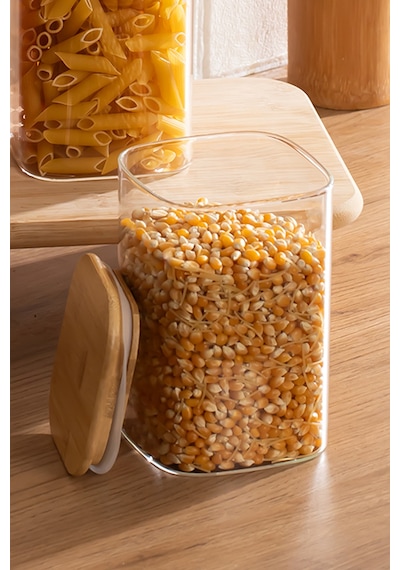 Porsima 6-4 Bambu Vakumlu Kapaklı Kare Borsilikat Cam 12li Kavanoz Seti Saklama Kabı 1250ml 9,5x15cm