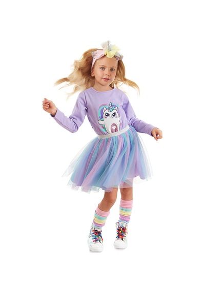 Denokids Gökkuşağı Kedicorn Kız Çocuk Tüllü Tütü Elbise Lila