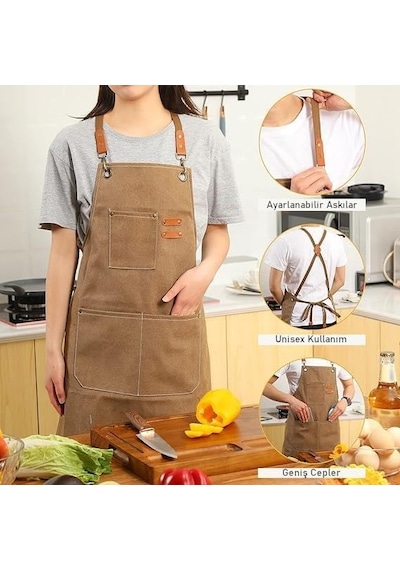 Unisex Kanvas Mutfak Önlüğü Ayarlanabilir Askılı Cepli Barista Garson Servis Önlüğü Kahve Açık Kahverengi - Beyaz