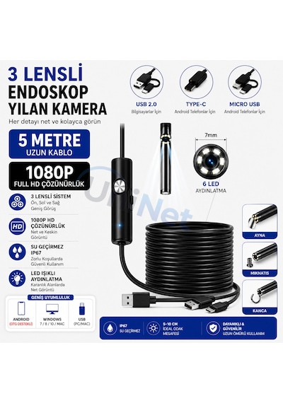 Uninet Türkiyede Ilk 5 Metre 3 Kameralı Android Ve Bilgisayar Uyumlu Endoskop Yılan Kamera 1080p Full Hd