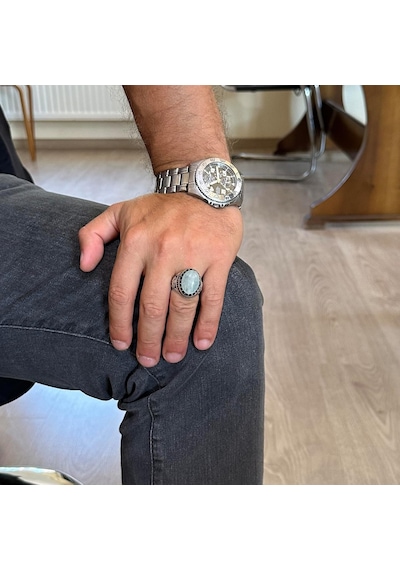 Gerçek Doğal Taş Yüzük - El Yapımı Şahin Yüzük - 925 Ayar Gümüş Yüzük Aquamarine Gümüş