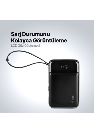 Ttec 2bb215s Recharger Pro Lcd 10.000 Mah Pd 22,5w Lightning Ve Usb-c Dahili Kablolu Taşınabilir Hızlı Şarj Aleti Siyah